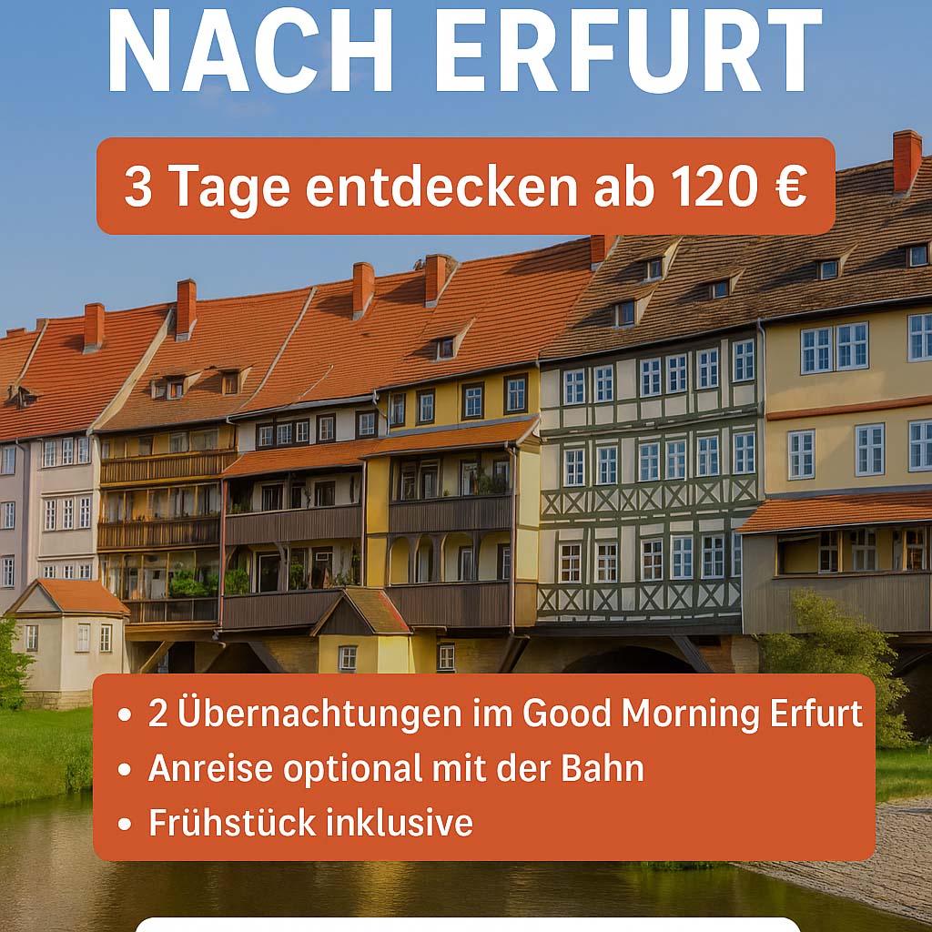 Blick auf die Krämerbrücke in Erfurt mit Infos zum Hotelangebot für Städtereisendeentdecken ab 120 €
